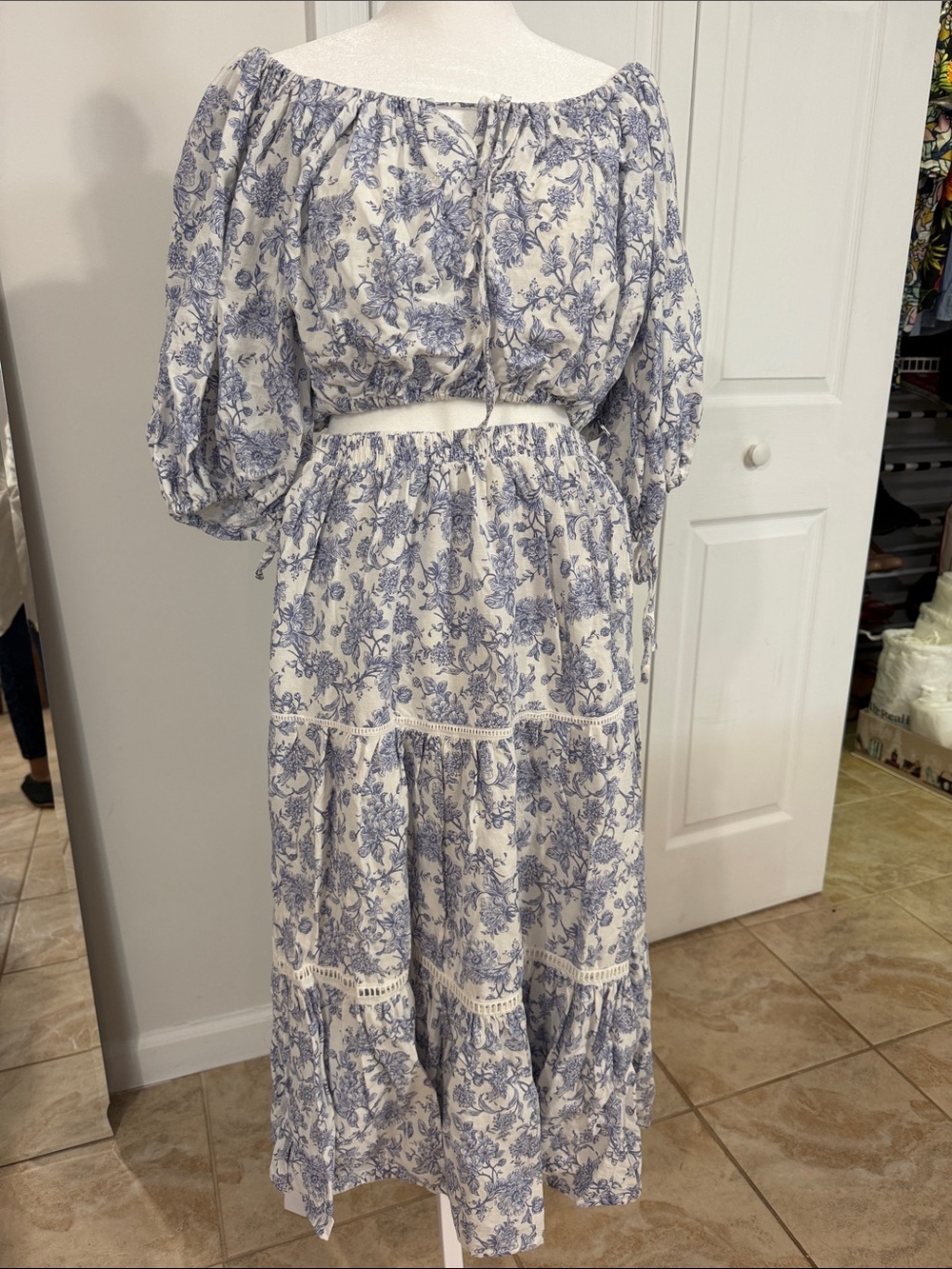 Cynthia Rowley White and blue Top and skirt 2- piece with Blue Floral Print